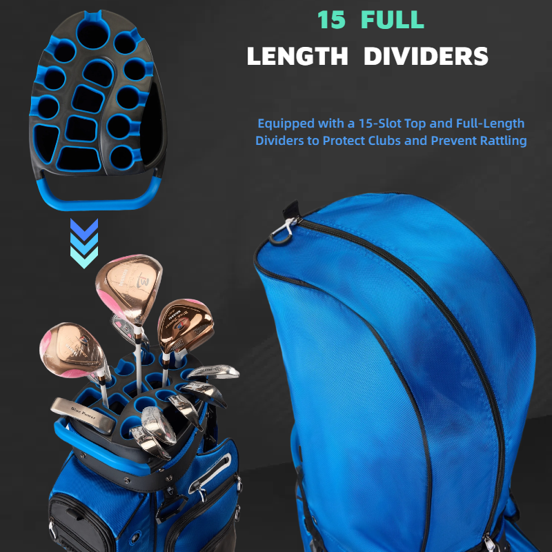 Affordable golf bag with cooler pocket featuring 15 full-length dividers and club protection