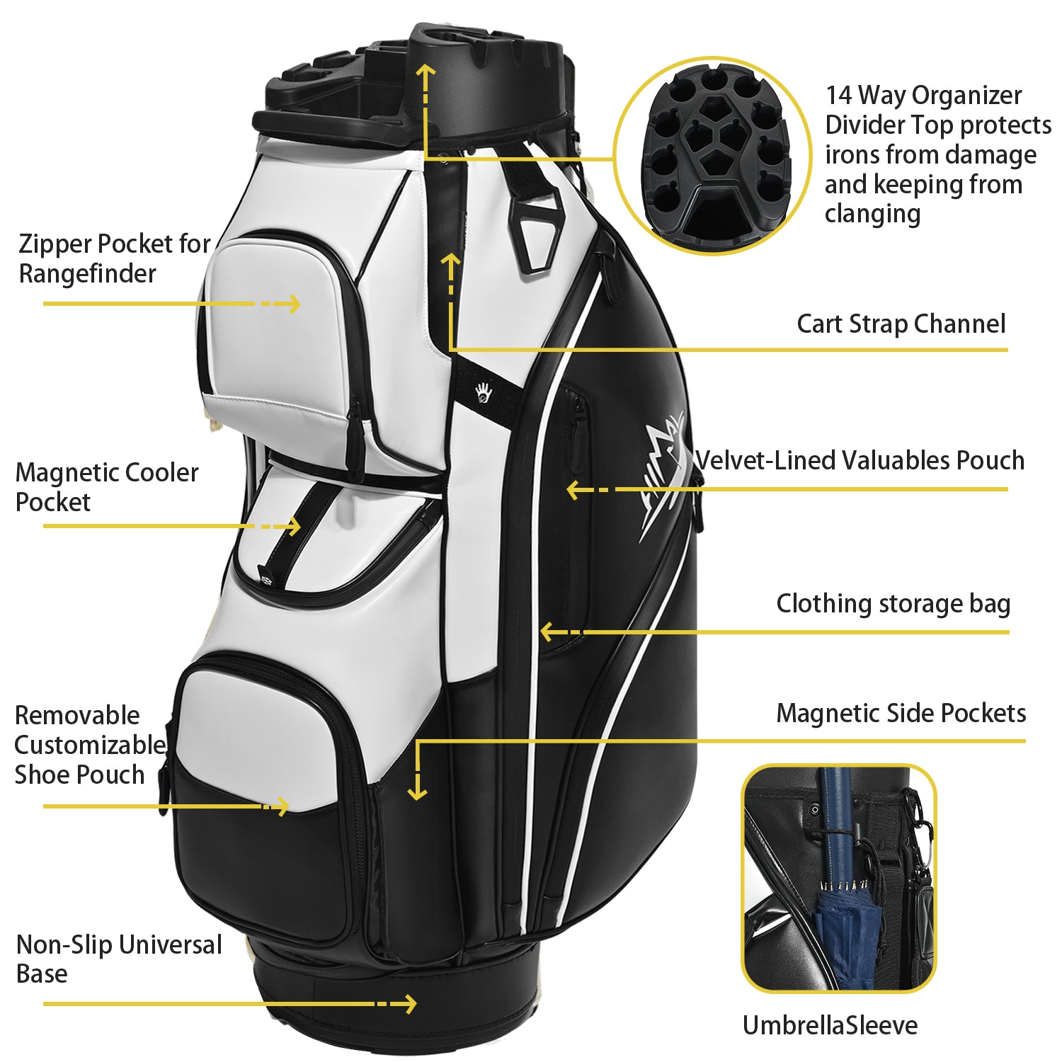 uniHimal S&T-LOCK 004 Luxury 14 Way Full Length Dividers Golf Quiet Synthetic Leather Cart Bag-Black White