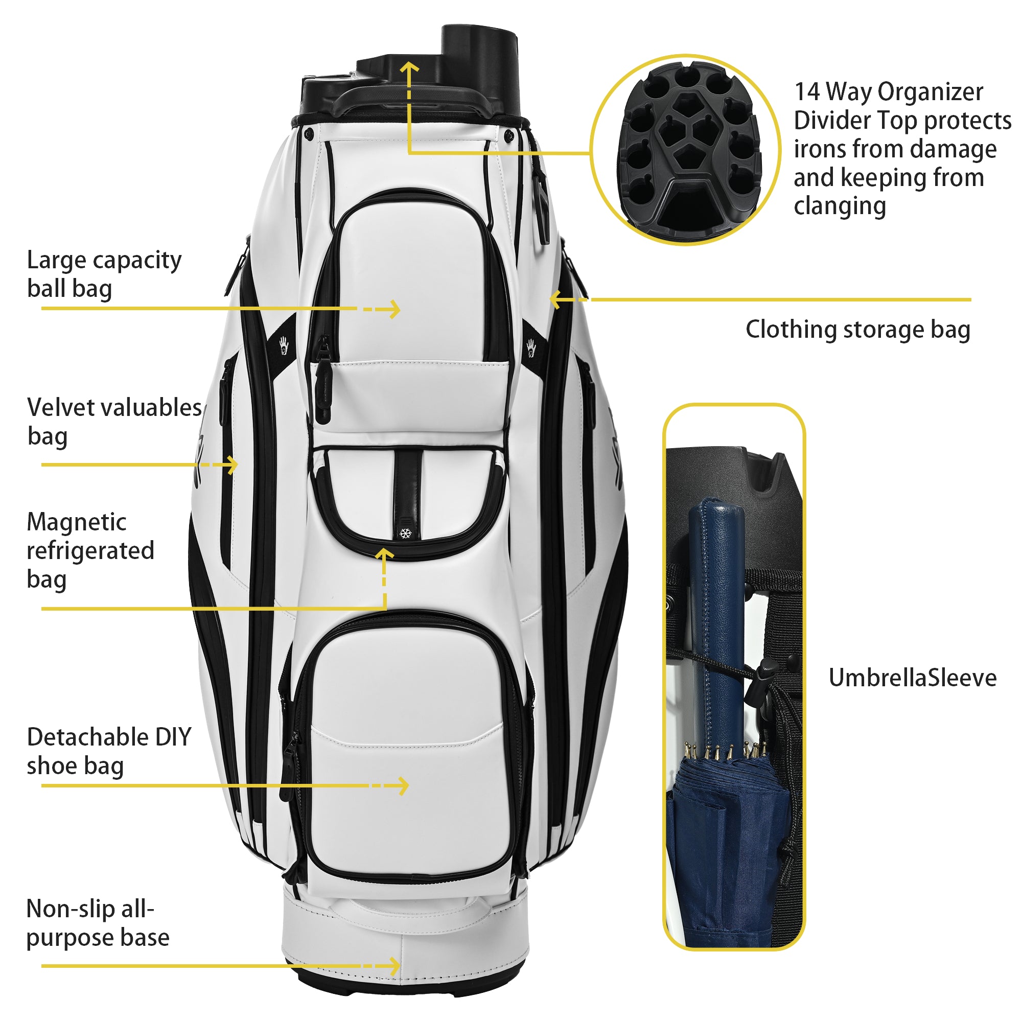 uniHimal T-LOCK 004 Luxury 15 Way Full Length Dividers Golf Quiet Synthetic Leather Cart Bag-White