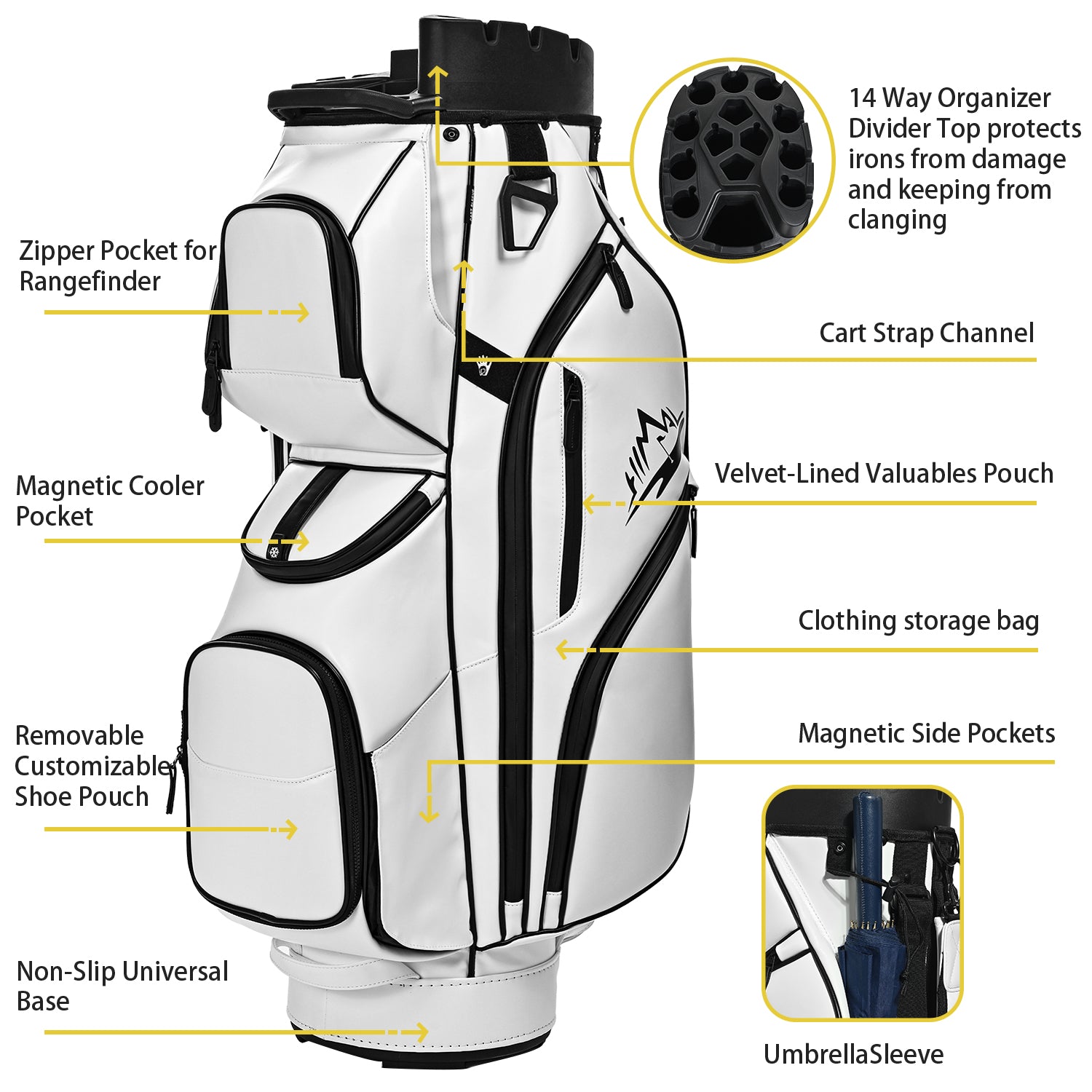 uniHimal S&T-LOCK 004 Luxury 14 Way Full Length Dividers Golf Quiet Synthetic Leather Cart Bag-White