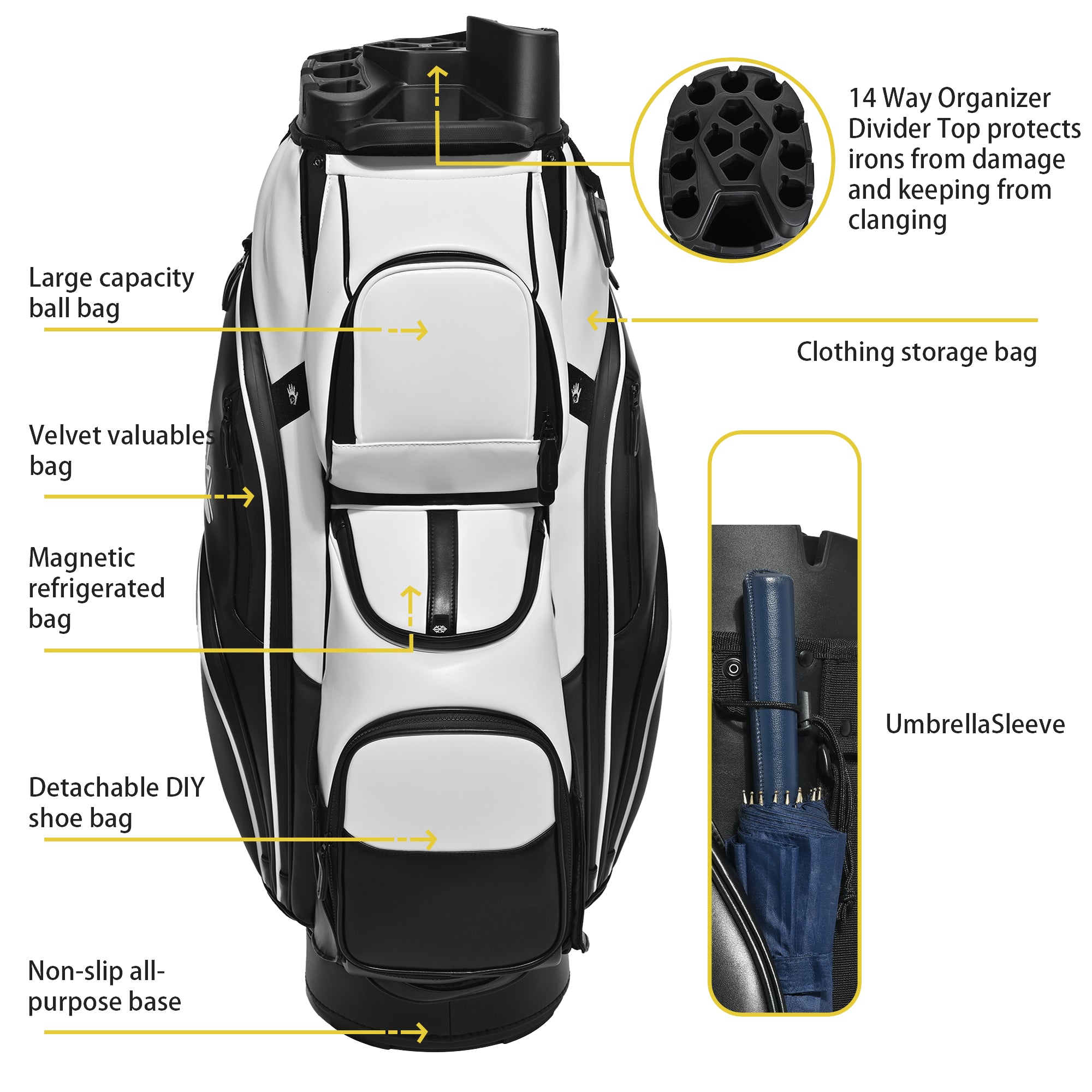 uniHimal T-LOCK 004 Luxury 15 Way Full Length Dividers Golf Quiet Synthetic Leather Cart Bag-Black White