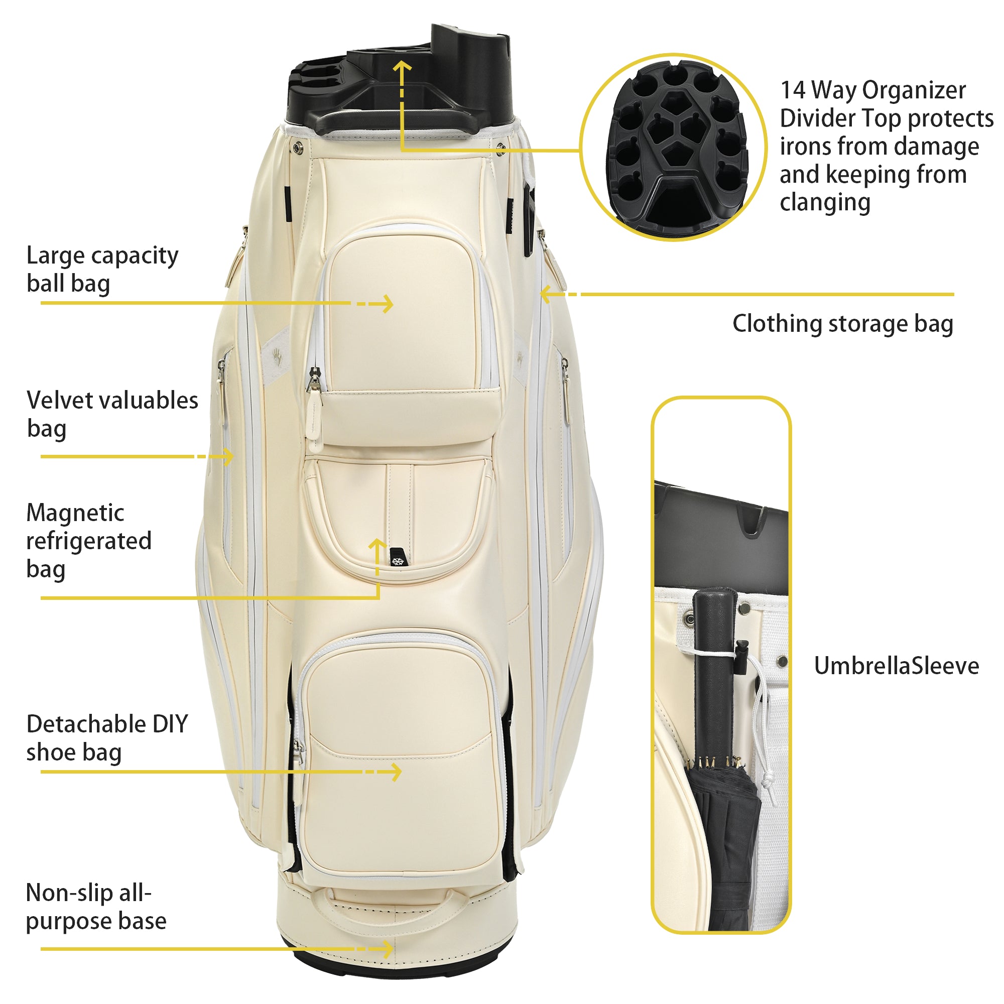 uniHimal T-LOCK 004 Luxury 15 Way Full Length Dividers Golf Quiet Synthetic Leather Cart Bag-Beige