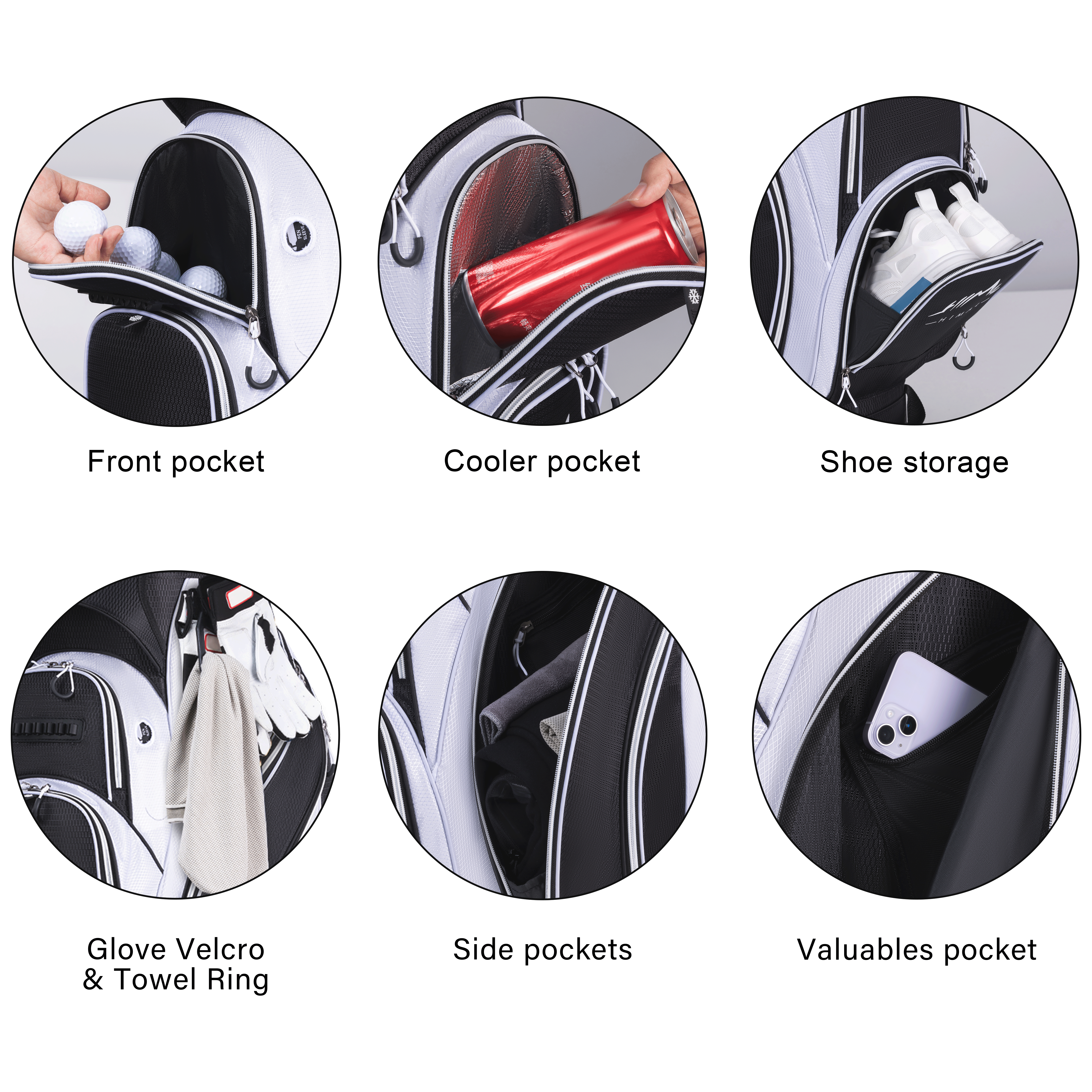 Golf Cart Bag with 14-Way Divider Top-Black White