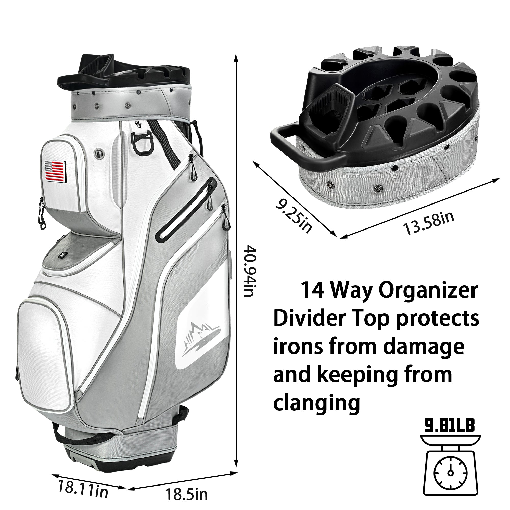 uniHimal Silence 003 S&T-LOCK Quiet Lock Golf Cart Bag 14-Way Divider Fits Oversized Grips Gray / White