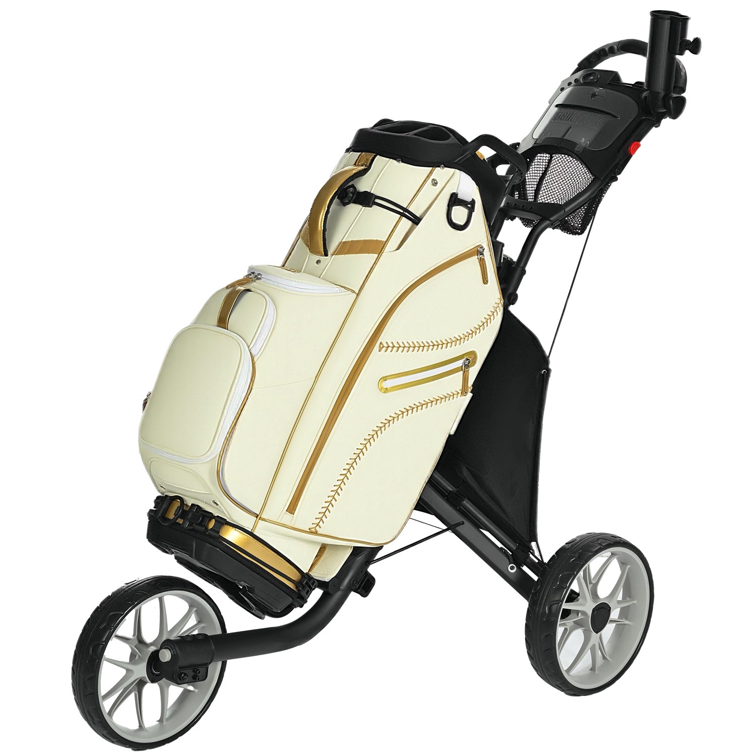 uniHimal 2025 Luxury Synthetic Leather Golf Cart Bag Padded 14 Way Full Length Dividers with Hand-Sewn Baseball Stitching-White Gold