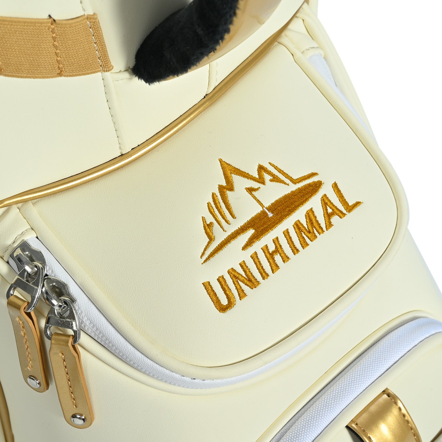 uniHimal 2025 Luxury Synthetic Leather Golf Cart Bag Padded 14 Way Full Length Dividers with Hand-Sewn Baseball Stitching-White Gold