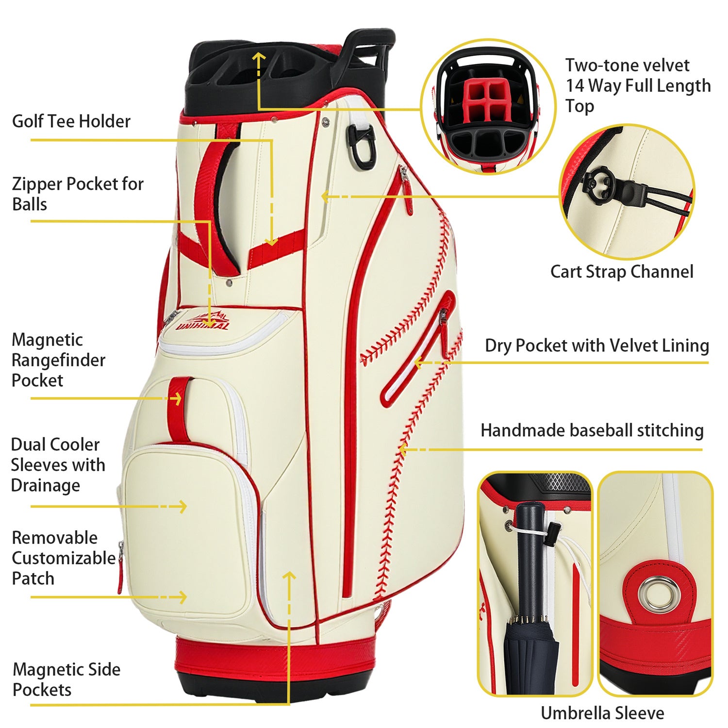 uniHimal 2025 Luxury Synthetic Leather Golf Cart Bag Padded 14 Way Full Length Dividers with Hand-Sewn Baseball Stitching-Red White
