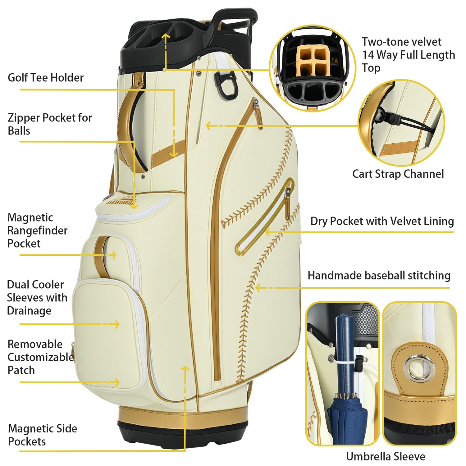 uniHimal 2025 Luxury Synthetic Leather Golf Cart Bag Padded 14 Way Full Length Dividers with Hand-Sewn Baseball Stitching-White Gold