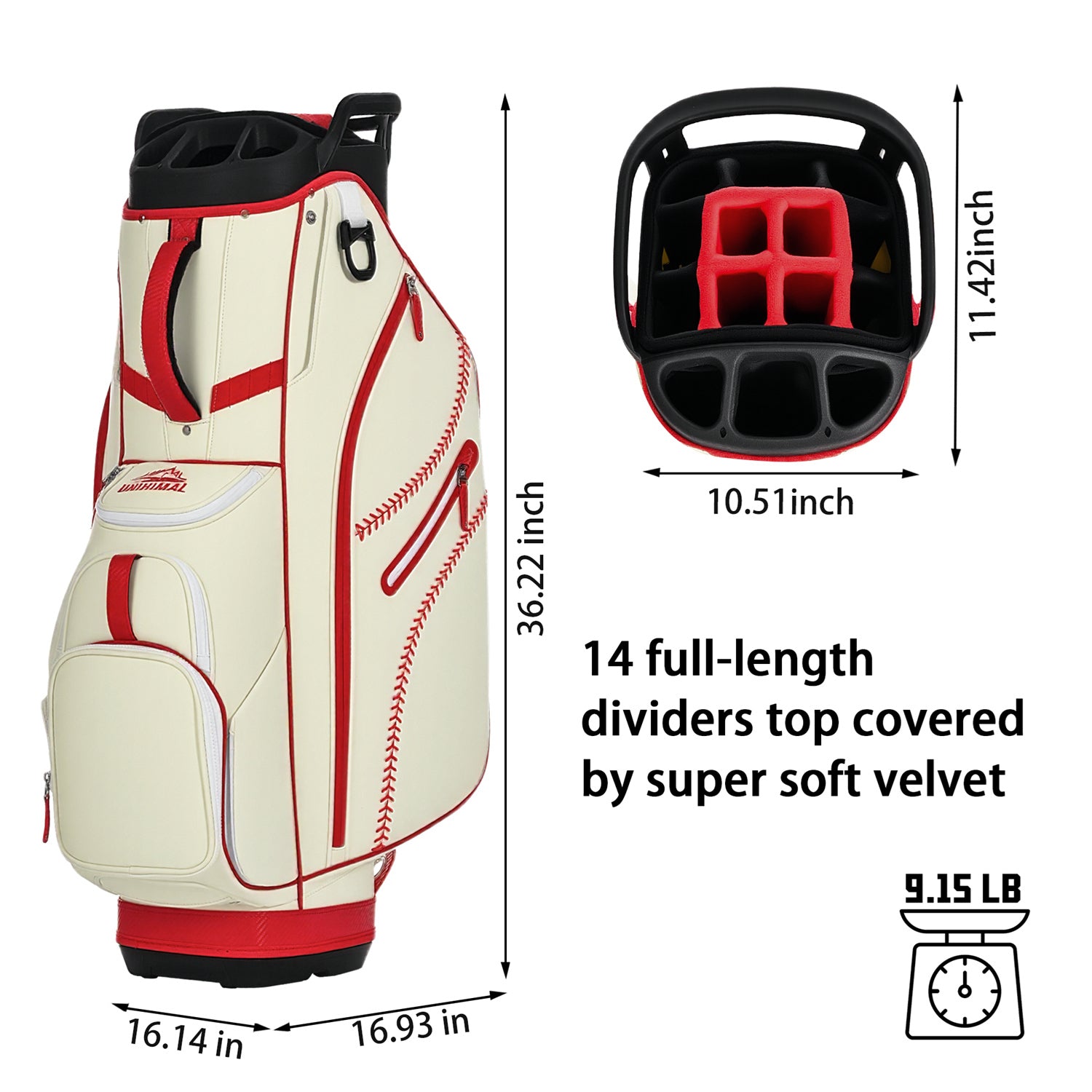 uniHimal 2025 Luxury Synthetic Leather Golf Cart Bag Padded 14 Way Full Length Dividers with Hand-Sewn Baseball Stitching-Red White