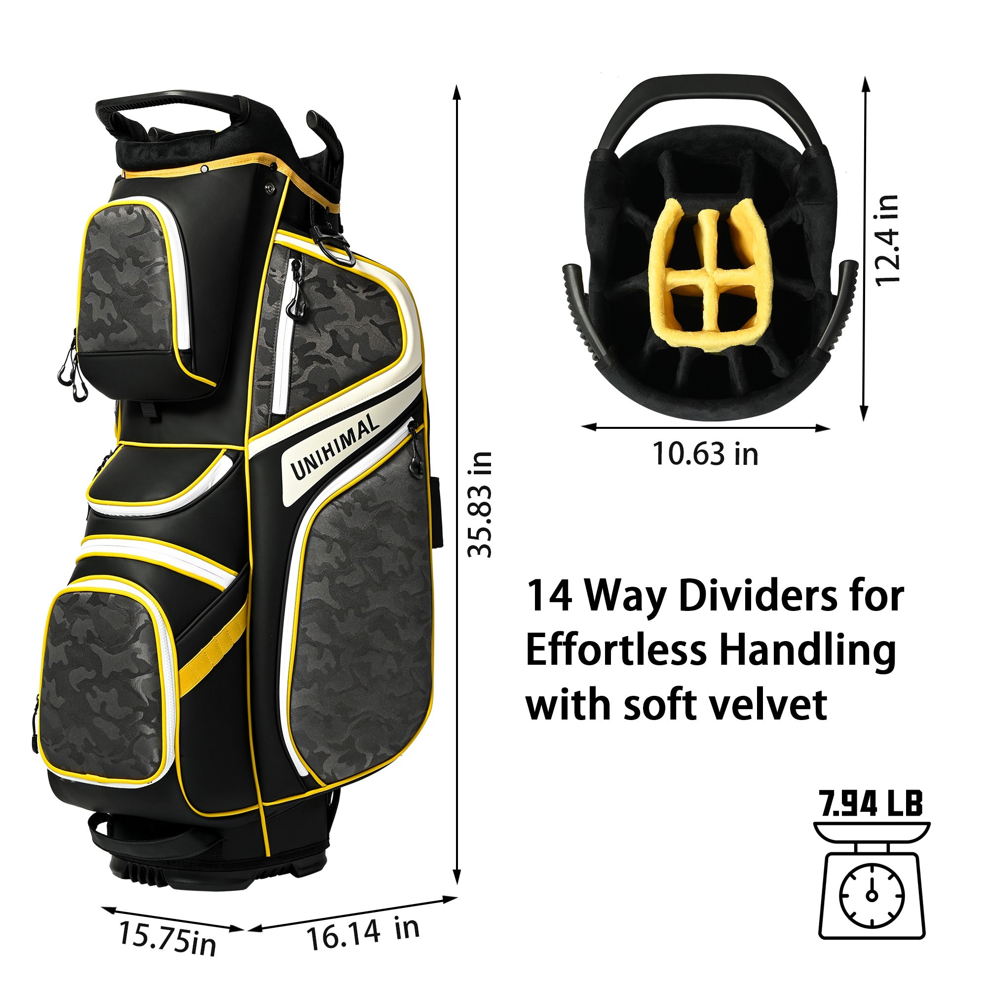 uniHimal 2025 Golf Cart Bag Luxury Synthetic Leather Camo 14 Way Padded Dividers-Black