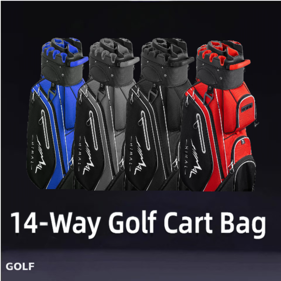 14-way golf cart bags in blue, gray, black, and red with multiple compartments for superior golf club protection