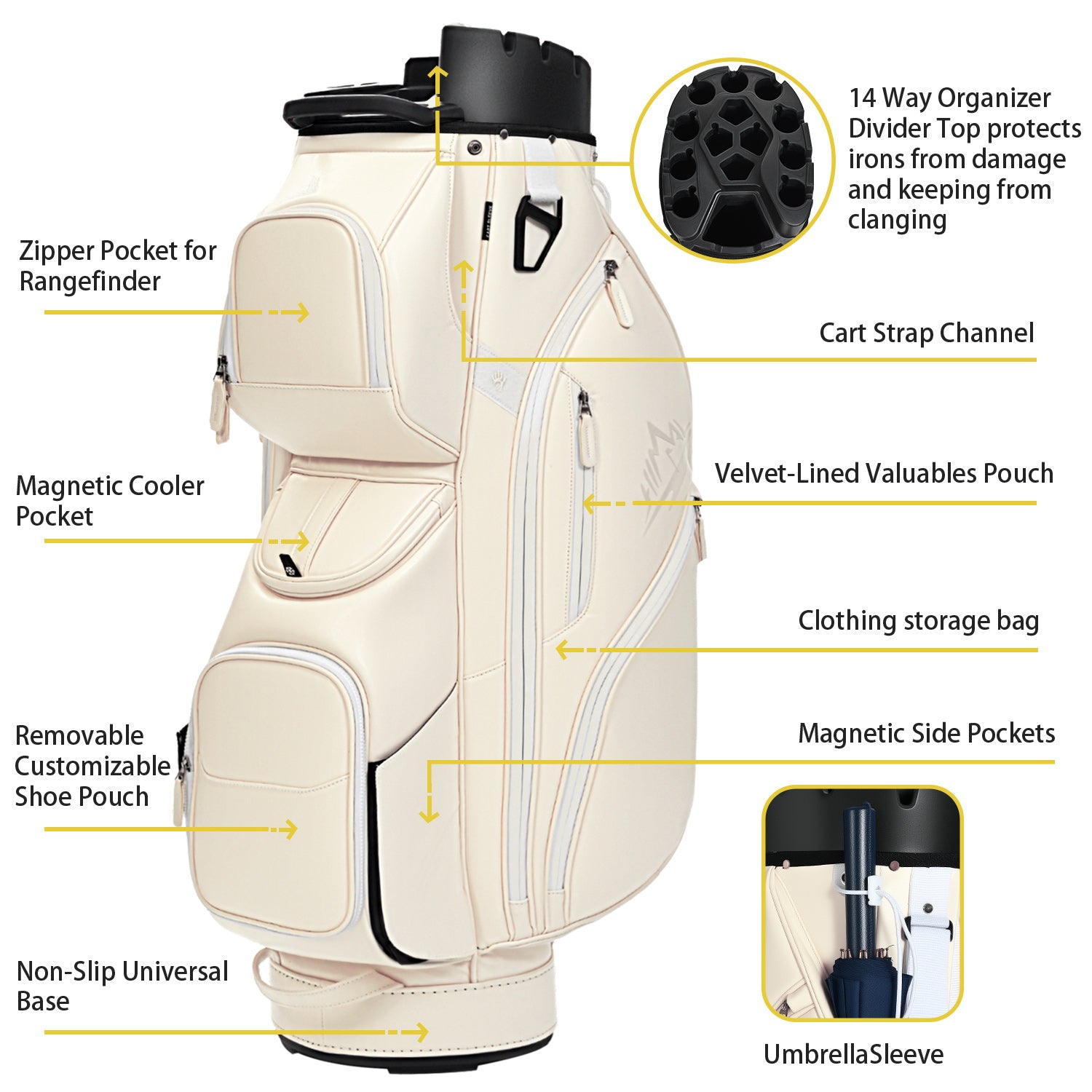 uniHimal S&T-LOCK 004 Luxury 14 Way Full Length Dividers Golf Quiet Synthetic Leather Cart Bag-Beige