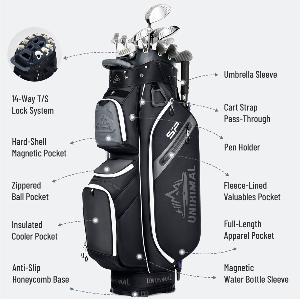 uniHimal StablePoint Golf Cart Bag with 14-Way Full-Length Divider Top