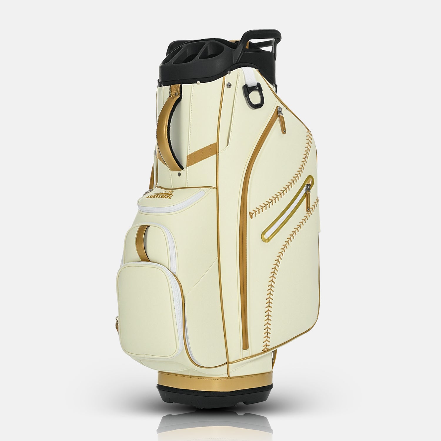 uniHimal 2025 Luxury Synthetic Leather Golf Cart Bag Padded 14 Way Full Length Dividers with Hand-Sewn Baseball Stitching-White Gold