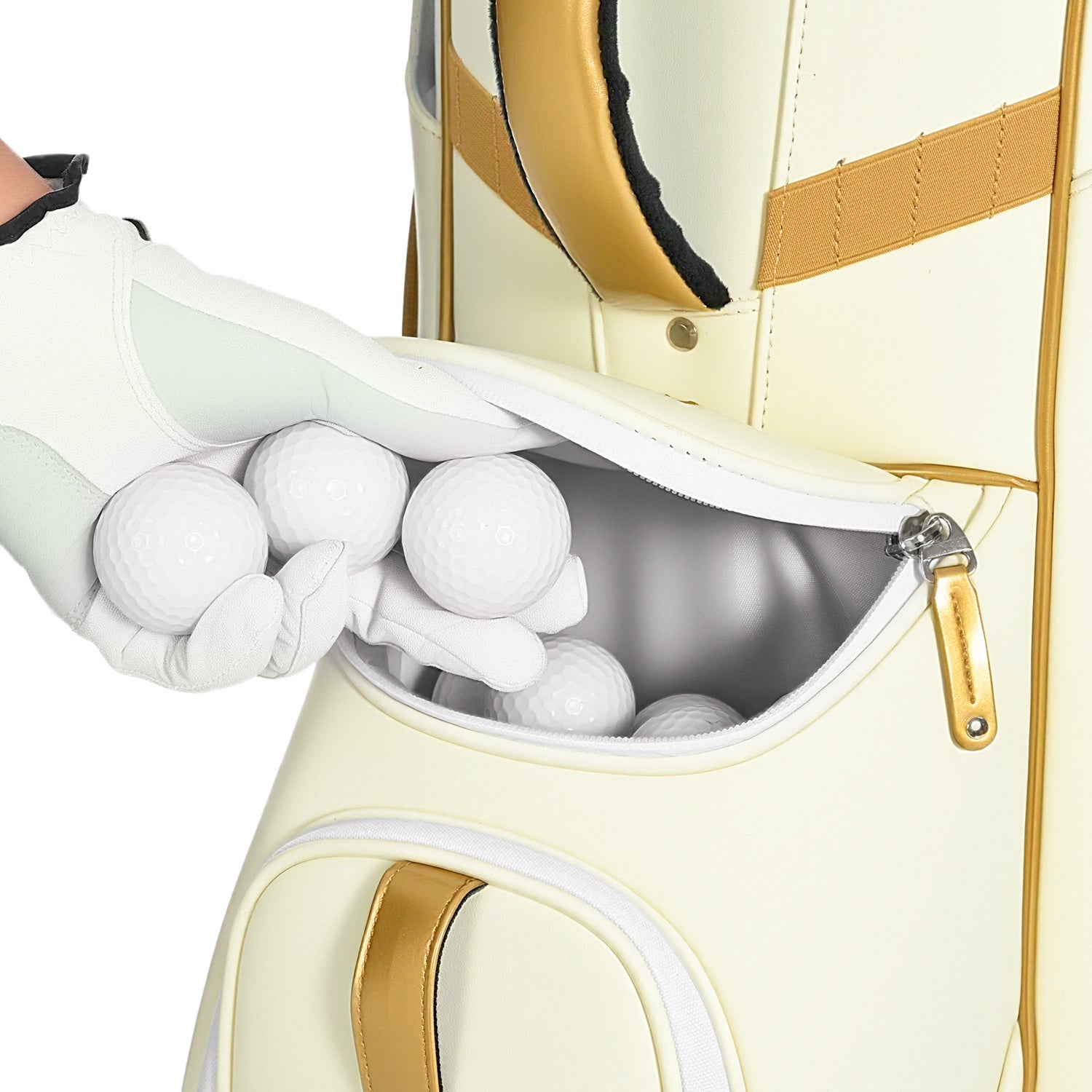 uniHimal 2025 Luxury Synthetic Leather Golf Cart Bag Padded 14 Way Full Length Dividers with Hand-Sewn Baseball Stitching-White Gold