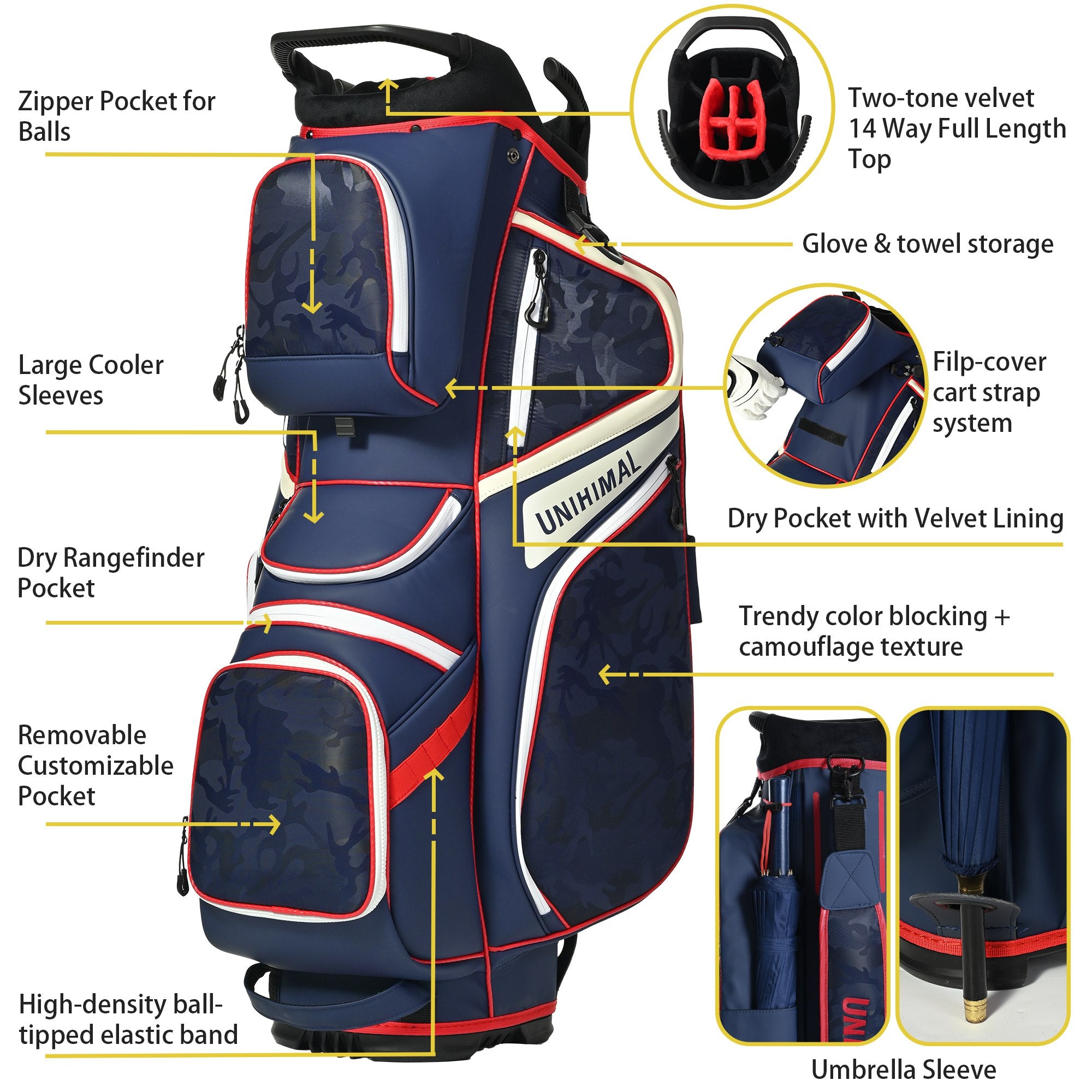 uniHimal 2025 Golf Cart Bag Luxury Synthetic Leather Camo 14 Way Padded Dividers-Blue