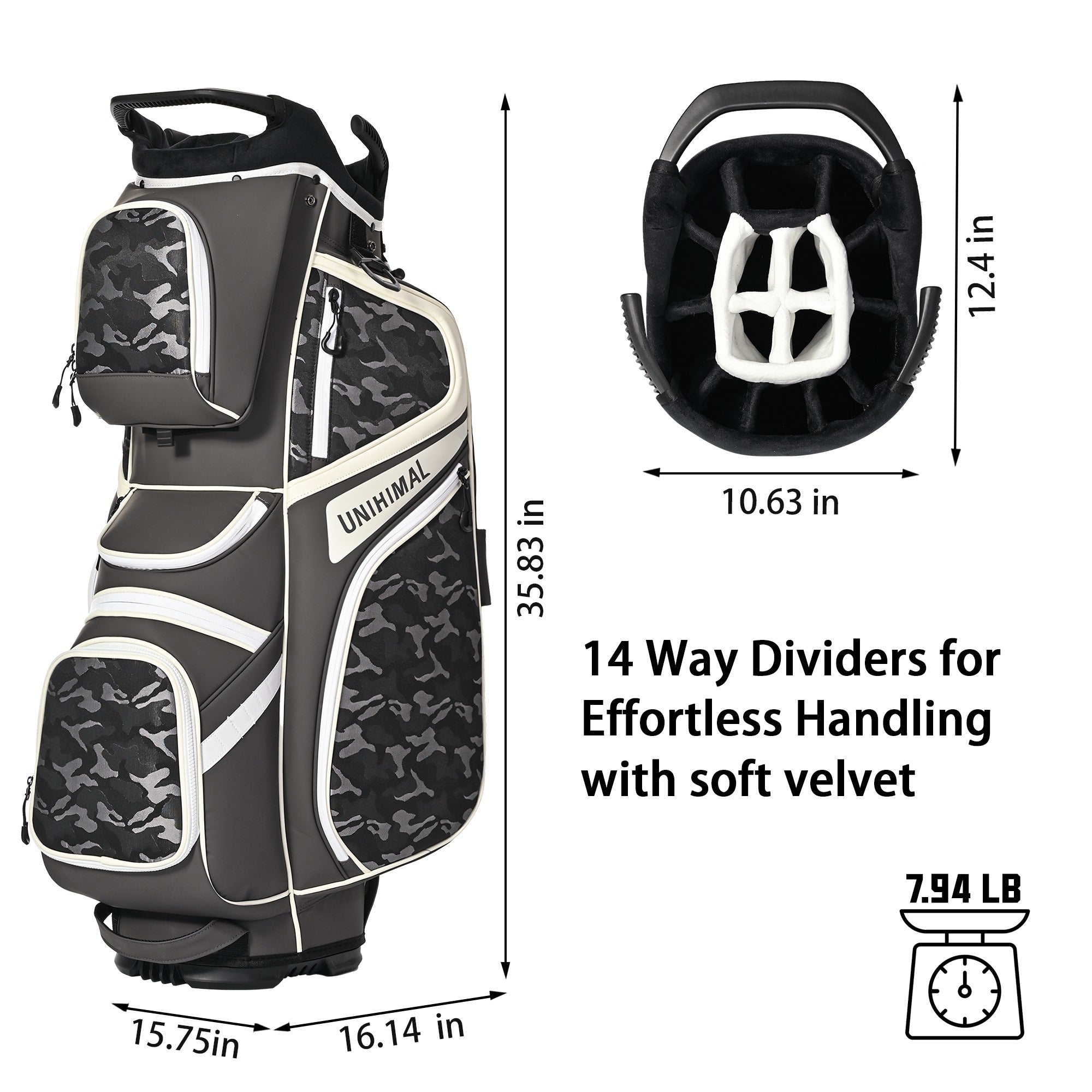 uniHimal 2025 Golf Cart Bag Luxury Synthetic Leather Camo 14 Way Padded Dividers-Grey