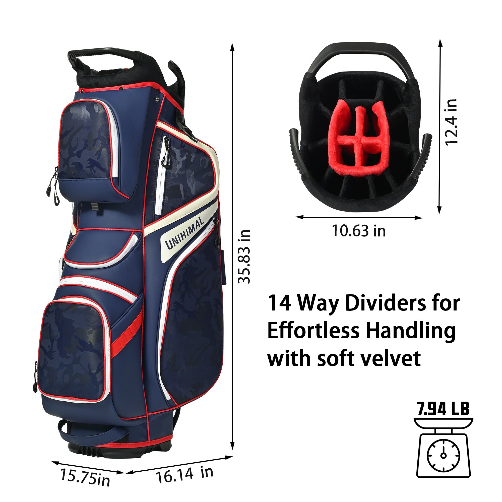 uniHimal 2025 Golf Cart Bag Luxury Synthetic Leather Camo 14 Way Padded Dividers-Blue